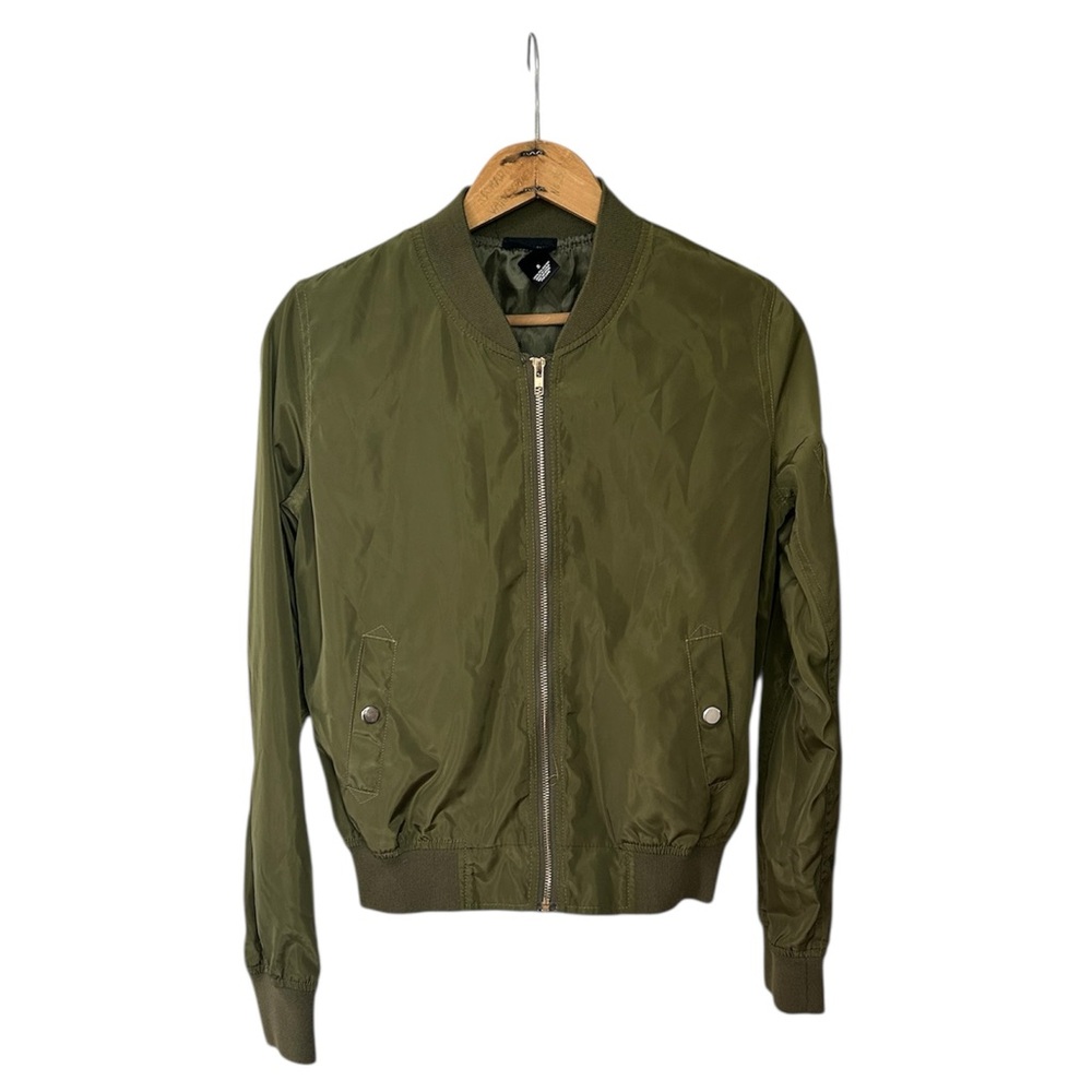 Wet Seal | Women’s Shiny Olive Green Zip Front Mock Collar Bomber Jacket, Size S